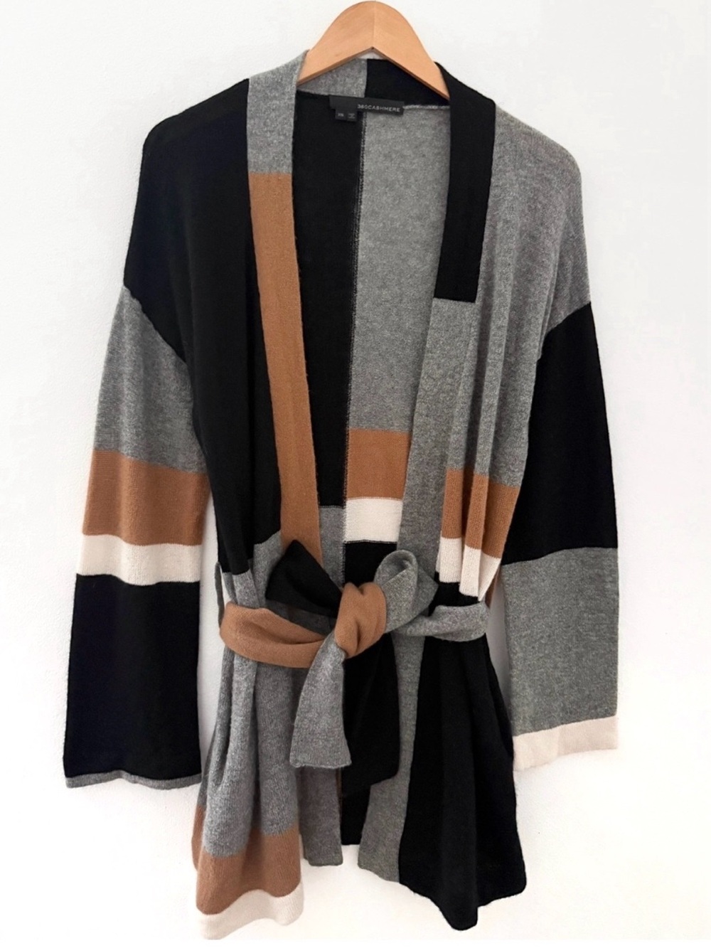 360 Cashmere Retro Cardigan Sweater Black Gray Boho Colorblock Belted Duster